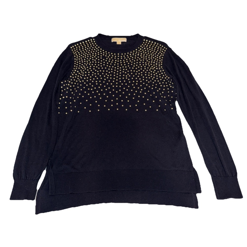 MICHAEL KORS Solid Studded Yoke Crewneck Dark Navy Sweater‎ Top Medium Excellent